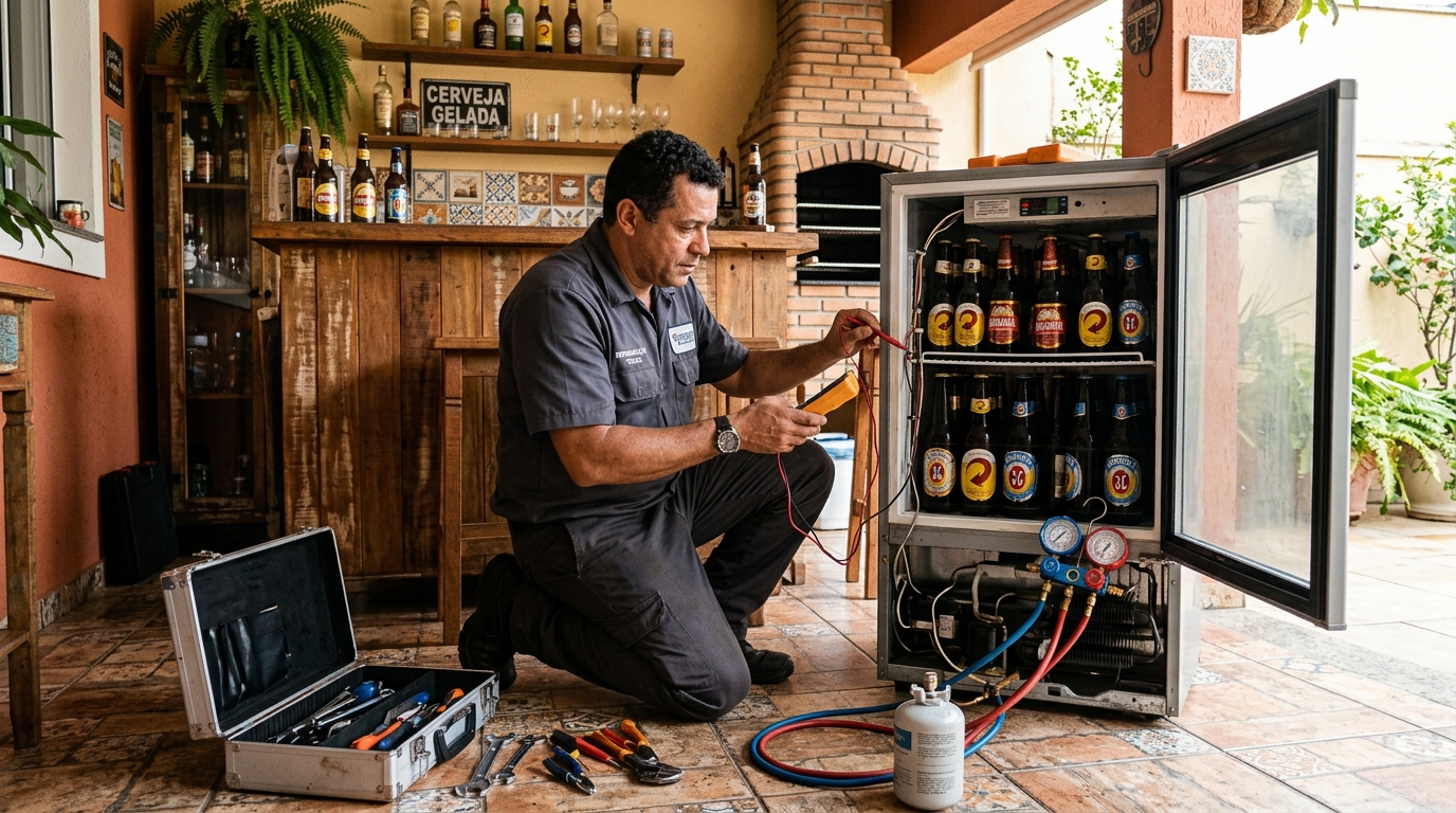 Recarga de gás em expositor de bebidas durante atendimento em Canoas‑RS
